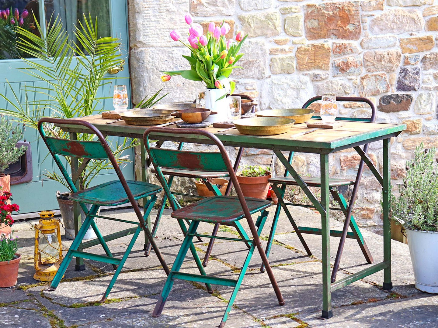 Vintage Green Garden Table and Grey Chair Set - Main Image