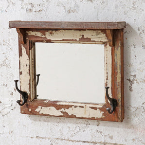 Rustic Framed Mirror with Hooks - White