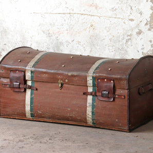 1900s Vintage Belgian Dome Top Trunk with Canvas Over Wood Leather Handles  Brass Hardware