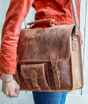 Vintage Leather Satchel 15 Inch With Pocket & Handle