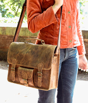 Vintage Leather Satchel 15 Inch With Pocket & Handle