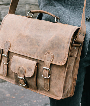 Men's Vintage Leather Satchel 15 Inch With Pocket & Handle