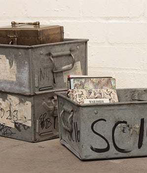 Vintage Stackable Industrial Metal Tote Tin Boxes (set of 3)