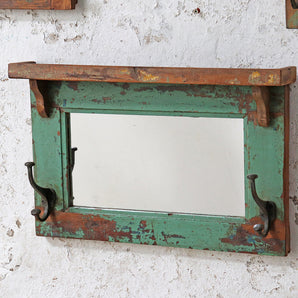 Rustic Framed Mirror with Hooks - Green
