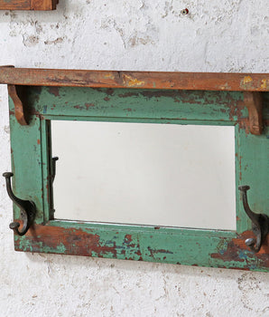 Rustic Framed Mirror with Hooks - Green