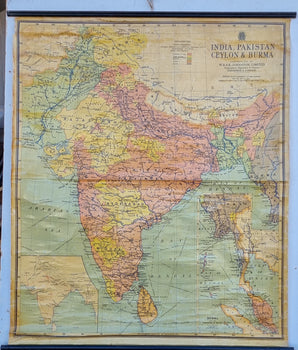 Vintage Wall Map of India, Pakistan, Ceylon and Burma in 1950