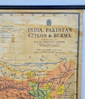 Vintage Wall Map of India, Pakistan, Ceylon and Burma in 1950