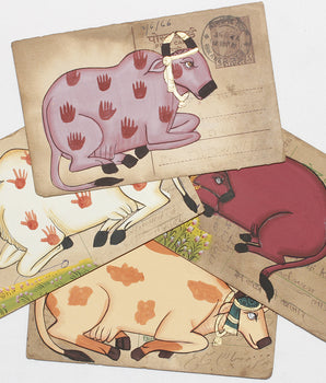 Hand-painted Vintage Indian Postcard - Holy Cows