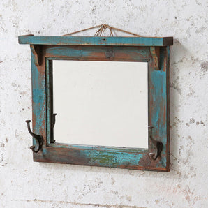 Rustic Framed Mirror with Hooks - Blue