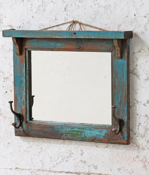 Rustic Framed Mirror with Hooks - Blue