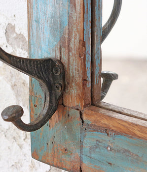 Rustic Framed Mirror with Hooks - Blue