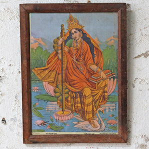 Old Indian Print by Ravi Varma - Goddess Sarasvati